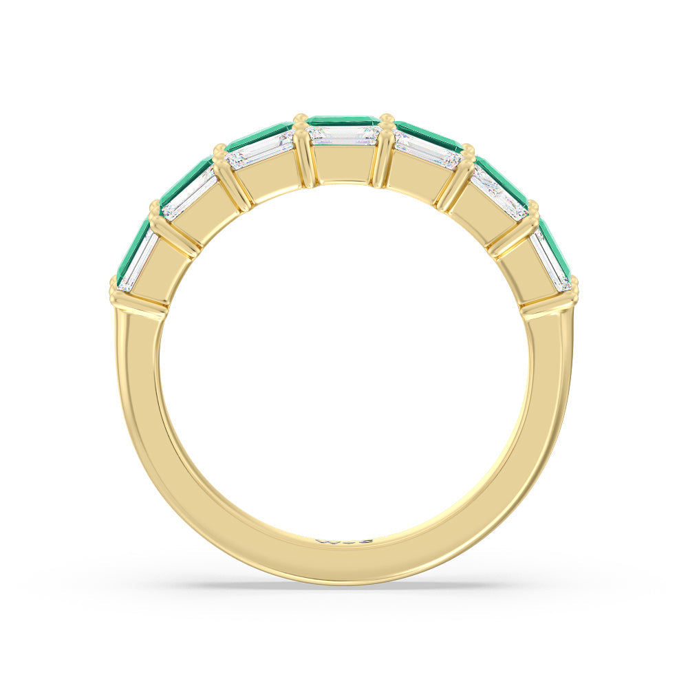 Two Row Linear Created Emerald and Emerald Shape Diamond East-West Anniversary Ring with 14KT Yellow Gold Cut Diamond in 14KT Yellow Gold view 3

