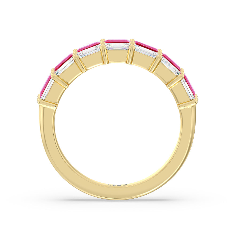 Two Row Linear Created Ruby Emerald Diamond East-West Anniversary Ring with 14KT Yellow Gold Cut Diamond in 14KT Yellow Gold view 3
