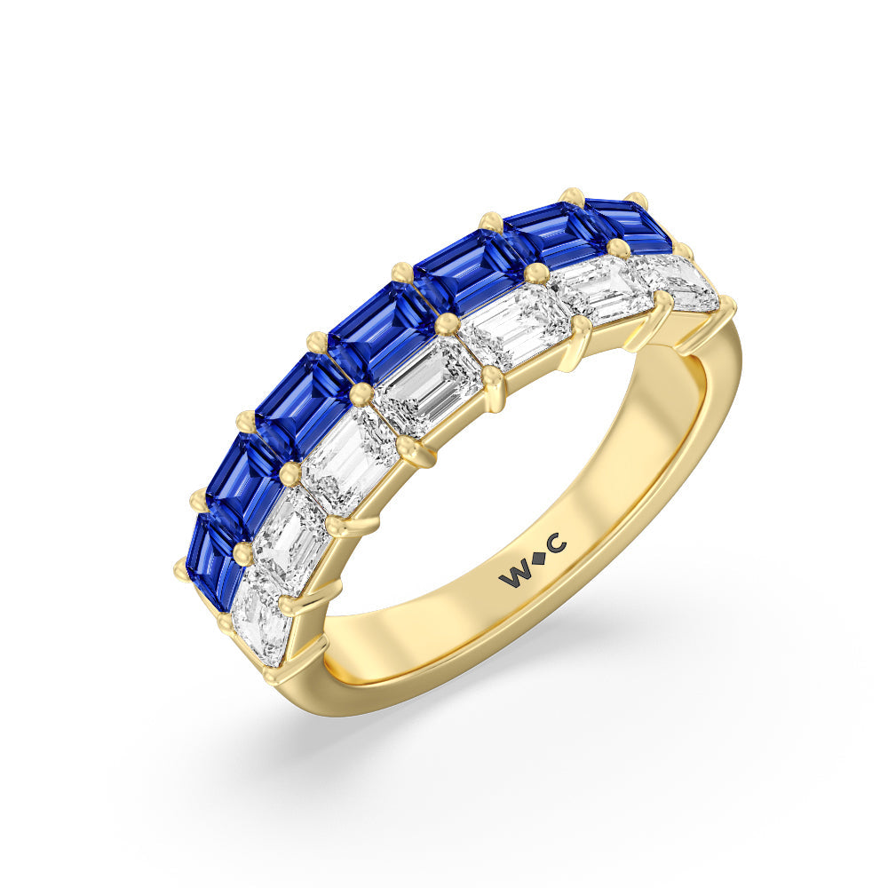 Two Row Linear Created Sapphire Emerald Diamond East-West Anniversary Ring with 14KT Yellow Gold Cut Diamond in 14KT Yellow Gold view 2
