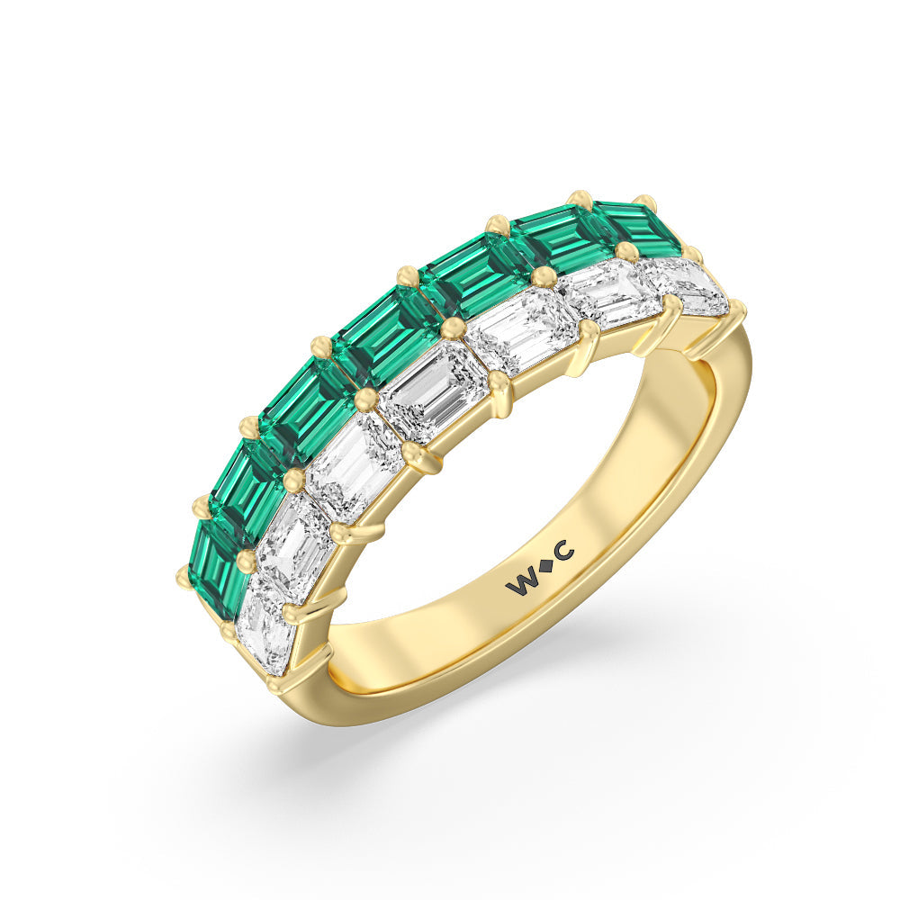 Two Row Linear Created Emerald and Emerald Shape Diamond East-West Anniversary Ring with 14KT Yellow Gold Cut Diamond in 14KT Yellow Gold view 2
