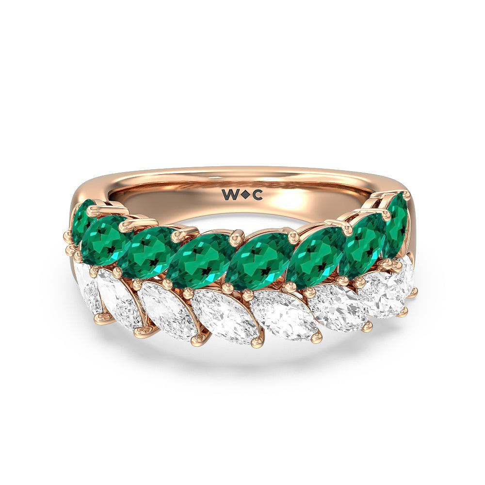 Created Emerald and Diamond Edge Anniversary Ring with 14KT Rose Gold Cut Diamond in 14KT Rose Gold view 1
