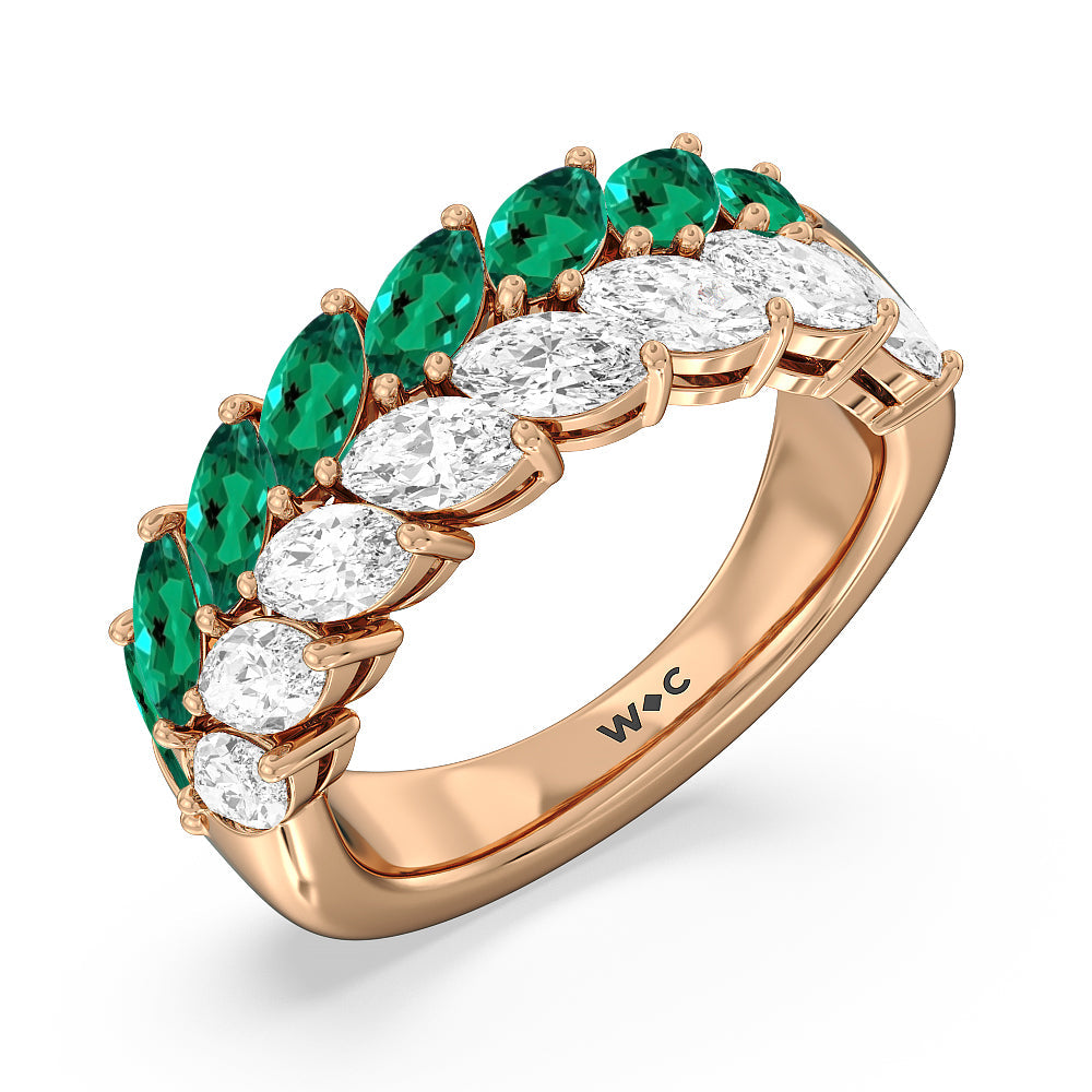 Created Emerald and Diamond Edge Anniversary Ring with 14KT Rose Gold Cut Diamond in 14KT Rose Gold view 2
