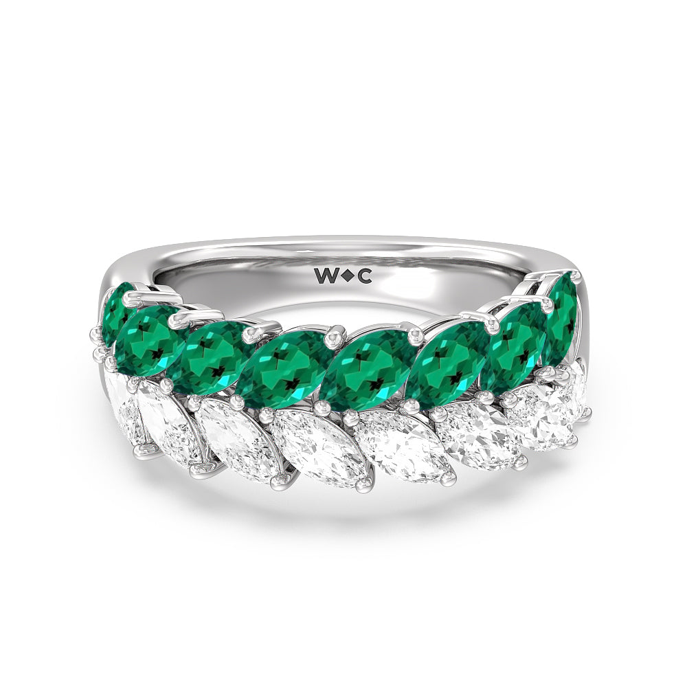 Created Emerald and Diamond Edge Anniversary Ring with 14KT White Gold Cut Diamond in 14KT White Gold view 1
