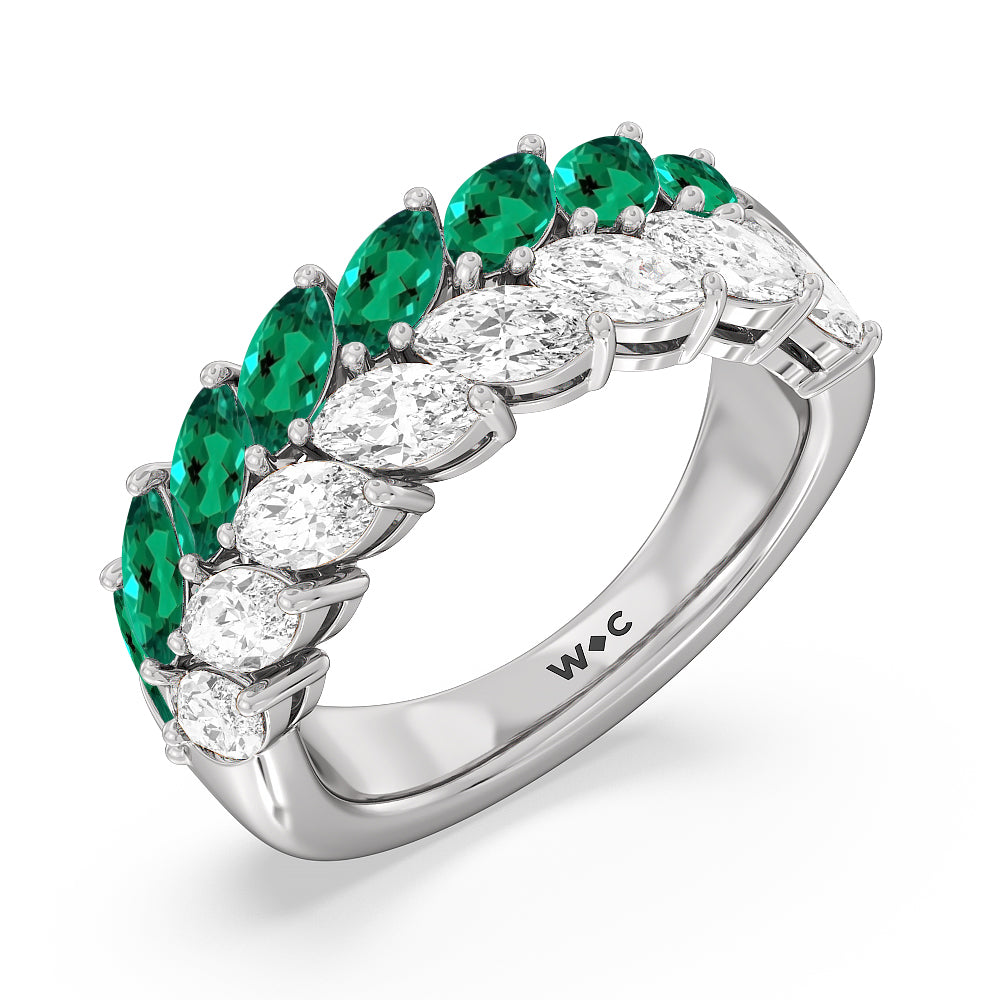 Created Emerald and Diamond Edge Anniversary Ring with 14KT White Gold Cut Diamond in 14KT White Gold view 2
