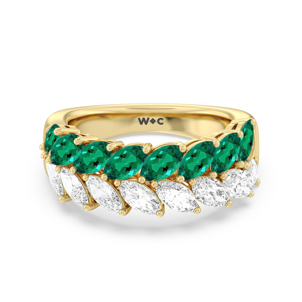 Created Emerald and Diamond Edge Anniversary Ring with 14KT Yellow Gold Cut Diamond in 14KT Yellow Gold view 1

