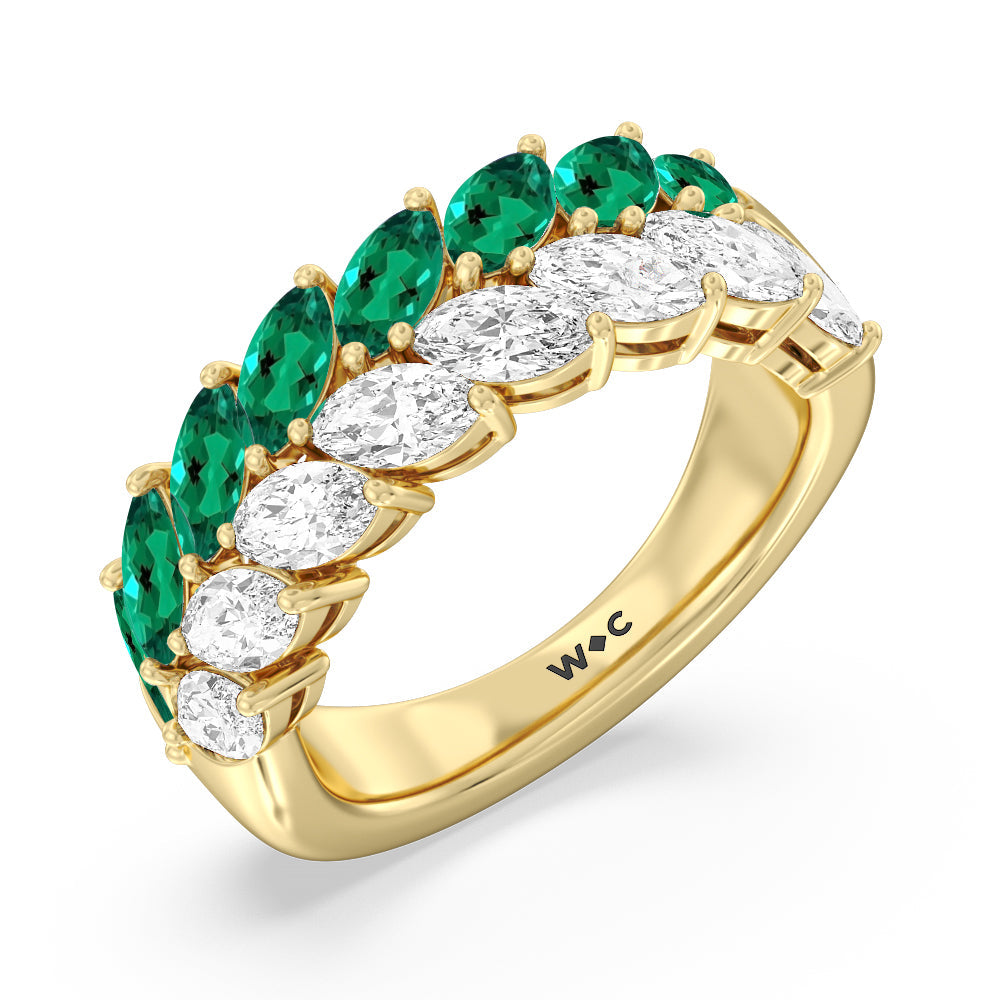 Created Emerald and Diamond Edge Anniversary Ring with 14KT Yellow Gold Cut Diamond in 14KT Yellow Gold view 2
