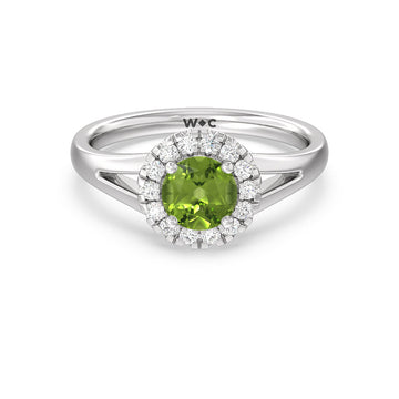 round peridot and lab diamond classic halo ring with split shank