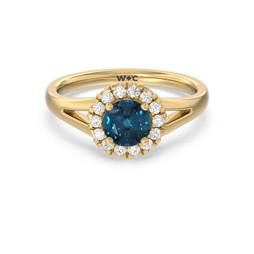 Round London Blue Topaz and Lab Diamond Classic Halo Ring With Split Shank