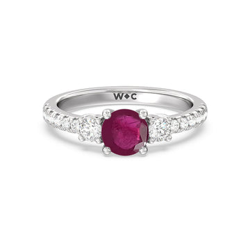 Round Ruby and Lab Diamond Classic Three Stone Ring With Studded Shank