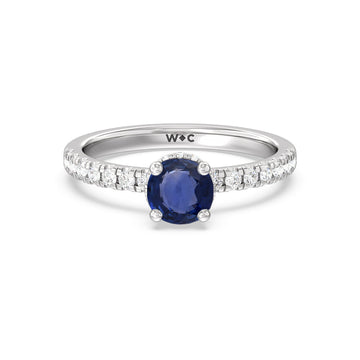 Round Sapphire and Lab Diamond Classic Solitaire Under-Halo Ring With Studded Shank