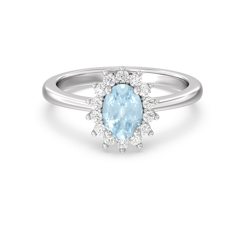 Oval Aquamarine Ring With Lab Diamond Starburst Halo – With Clarity