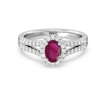 oval ruby and lab diamond classic halo ring with studded split shank