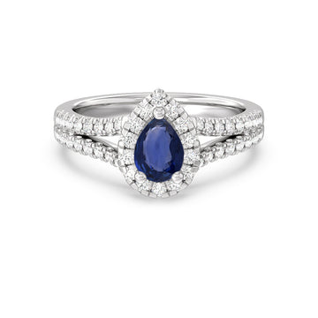 Pear Sapphire and Lab Diamond Classic Halo Ring With Studded Split Shank