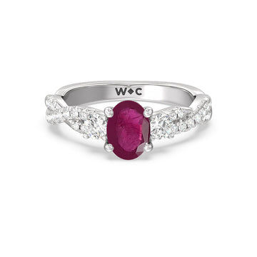 oval ruby and lab diamond classic three stone ring with twisted studded shank