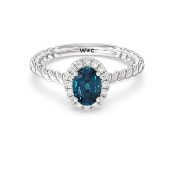 Oval London Blue Topaz and Lab Diamond Classic Halo Ring With Twisted Shank