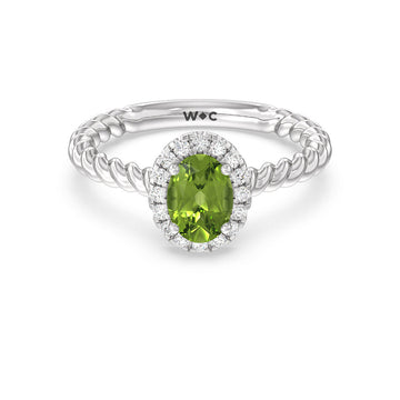 oval peridot and lab diamond classic halo ring with twisted shank