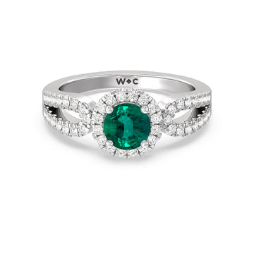 Round Shape Emerald Ring With Lab Diamond Halo and Loop Shank