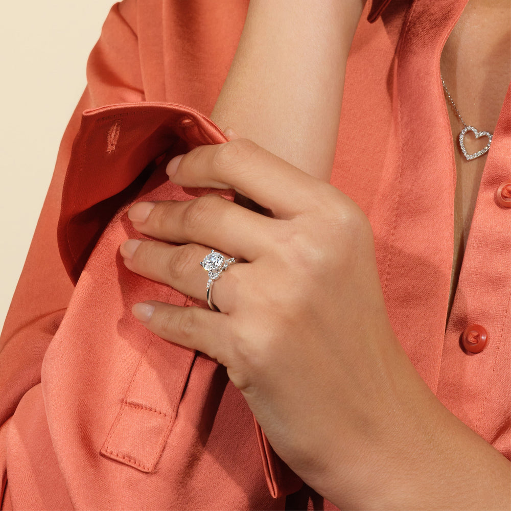 Model Wearing Marquise Accent Knife Edge Engagement Ring view