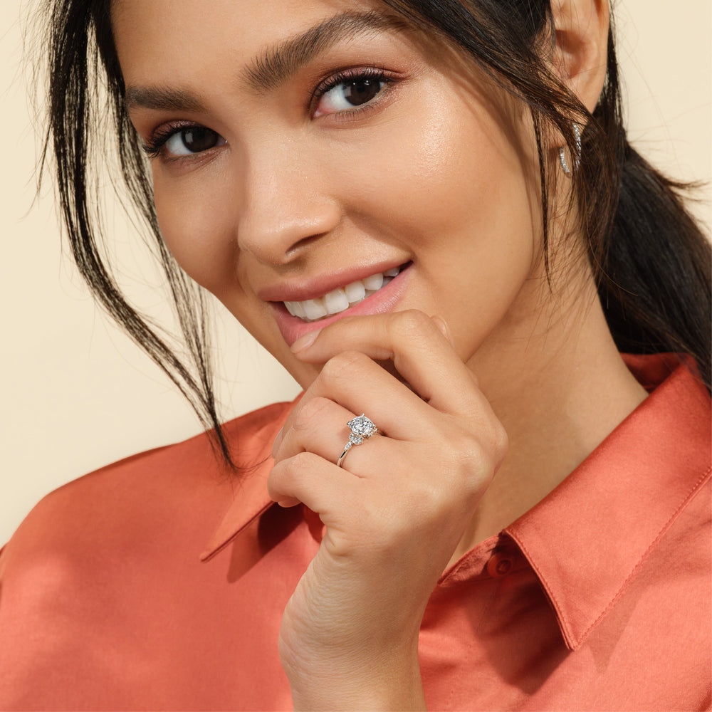 Model Wearing Marquise Accent Knife Edge Engagement Ring view