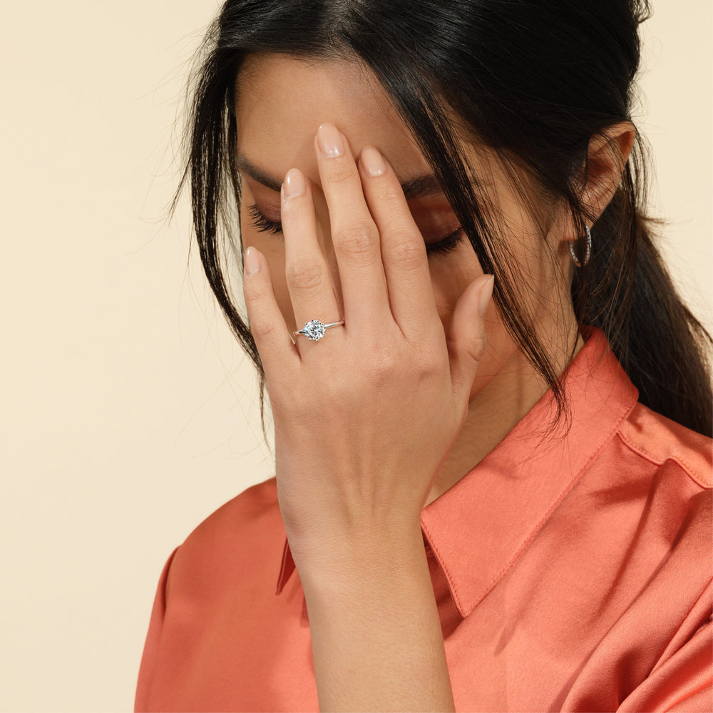Model Wearing Petite Ten Prong Solitaire Engagement Ring with Lab Grown Diamond view