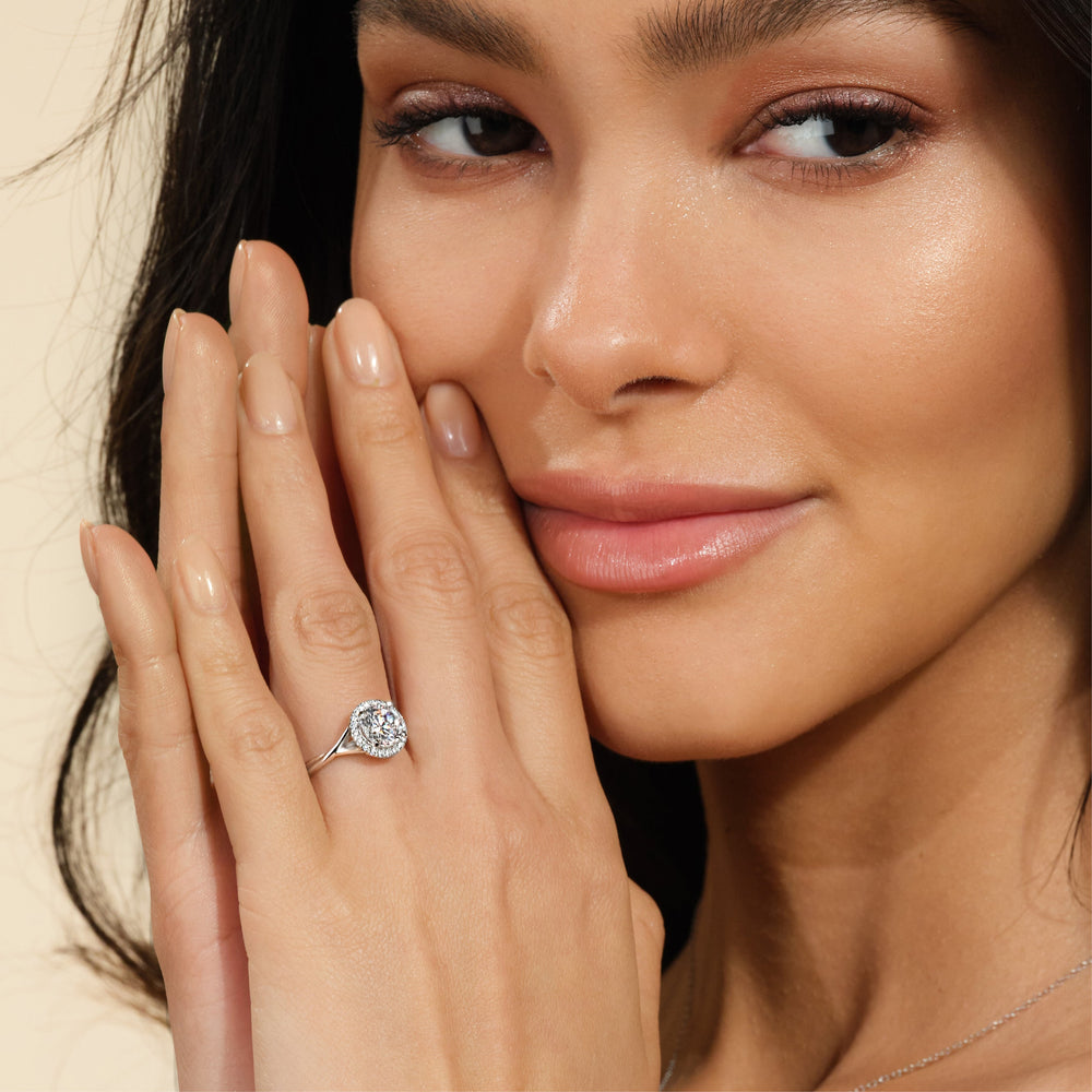 Model Wearing Criss Cross Shank Halo Engagement Ring with Lab Grown Diamond view