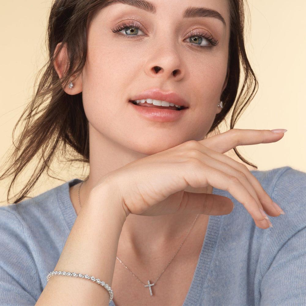 Model Wearing Wavy Link Round Lab Diamond Tennis Bracelet view