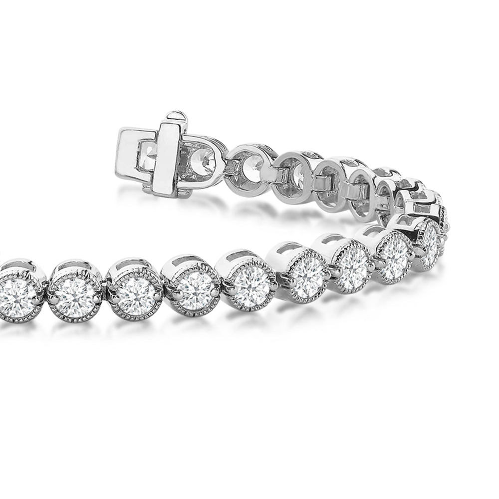 Round Lab Diamond Milgrain Tennis Bracelet with 3 Cut Diamond in 14KT White Gold view 2
