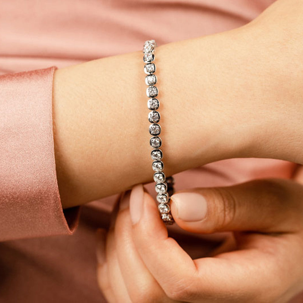 Model Wearing Round Lab Diamond Cushion Link Tennis Bracelet view