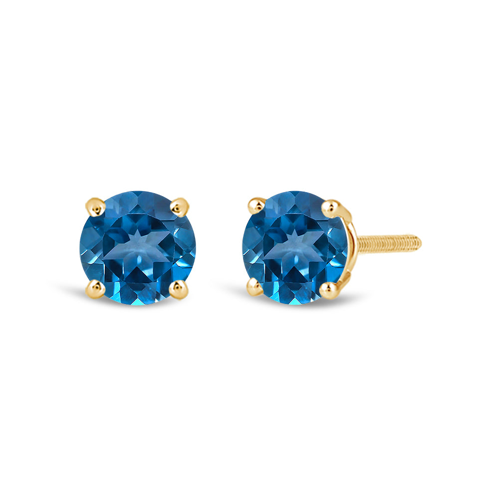 Classic Round London Blue Topaz Four Prong Stud Earrings – With Clarity