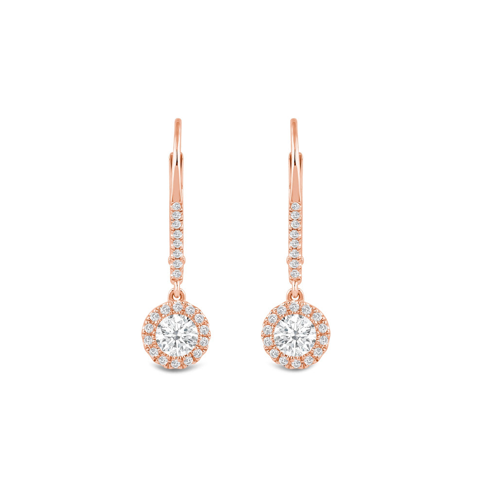 Halo Round Studded Lever Back Created Diamond Drop Earrings with 14KT Rose Gold / Lab / 3/4 Cut Diamond in 14KT Rose Gold / Lab / 3/4 view 2
