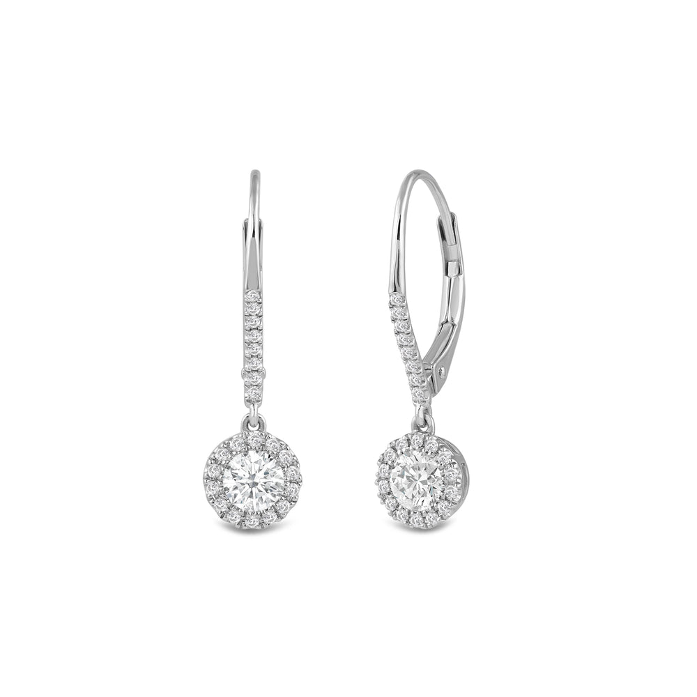 Halo Round Studded Lever Back Created Diamond Drop Earrings with 14KT White Gold / Lab / 3/4 Cut Diamond in 14KT White Gold / Lab / 3/4 view 1
