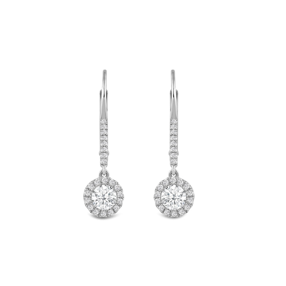 Halo Round Studded Lever Back Created Diamond Drop Earrings with 14KT White Gold / Lab / 3/4 Cut Diamond in 14KT White Gold / Lab / 3/4 view 2
