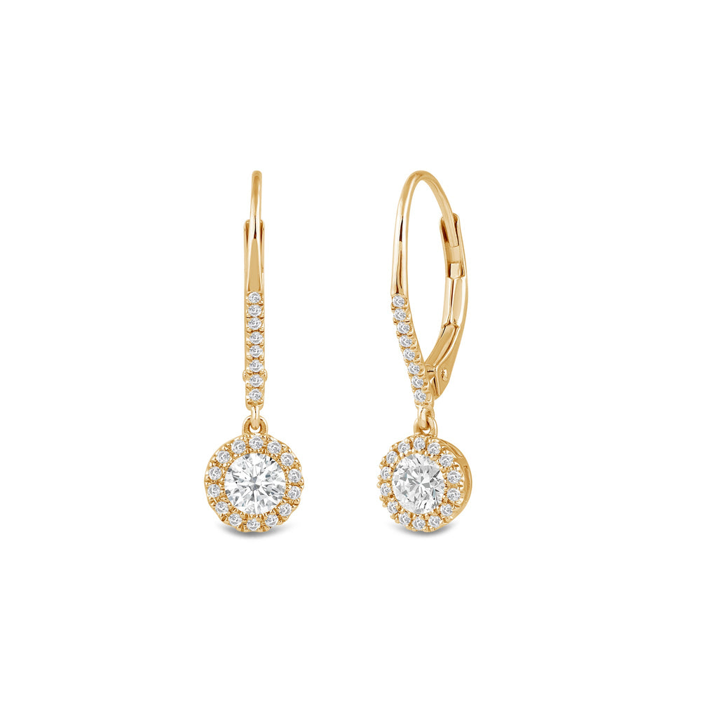 Halo Round Studded Lever Back Created Diamond Drop Earrings with 14KT Yellow Gold / Lab / 3/4 Cut Diamond in 14KT Yellow Gold / Lab / 3/4 view 1
