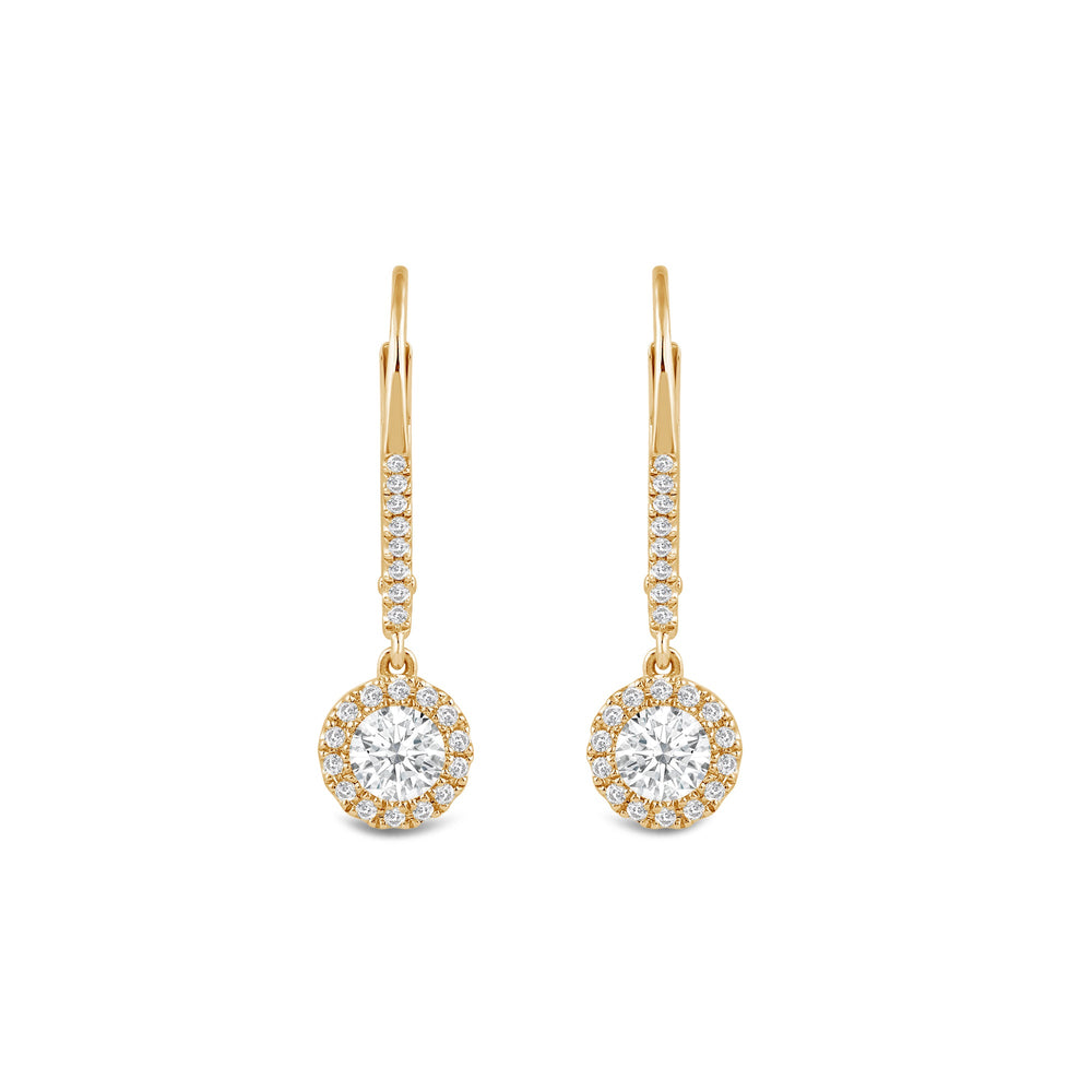 Halo Round Studded Lever Back Created Diamond Drop Earrings with 14KT Yellow Gold / Lab / 3/4 Cut Diamond in 14KT Yellow Gold / Lab / 3/4 view 2
