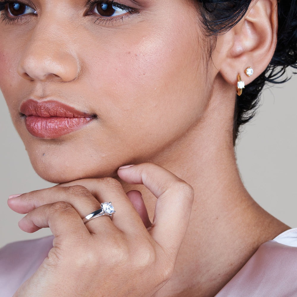 Model Wearing Classic Cathedral Solitaire Engagement Ring with Lab Grown Diamond view