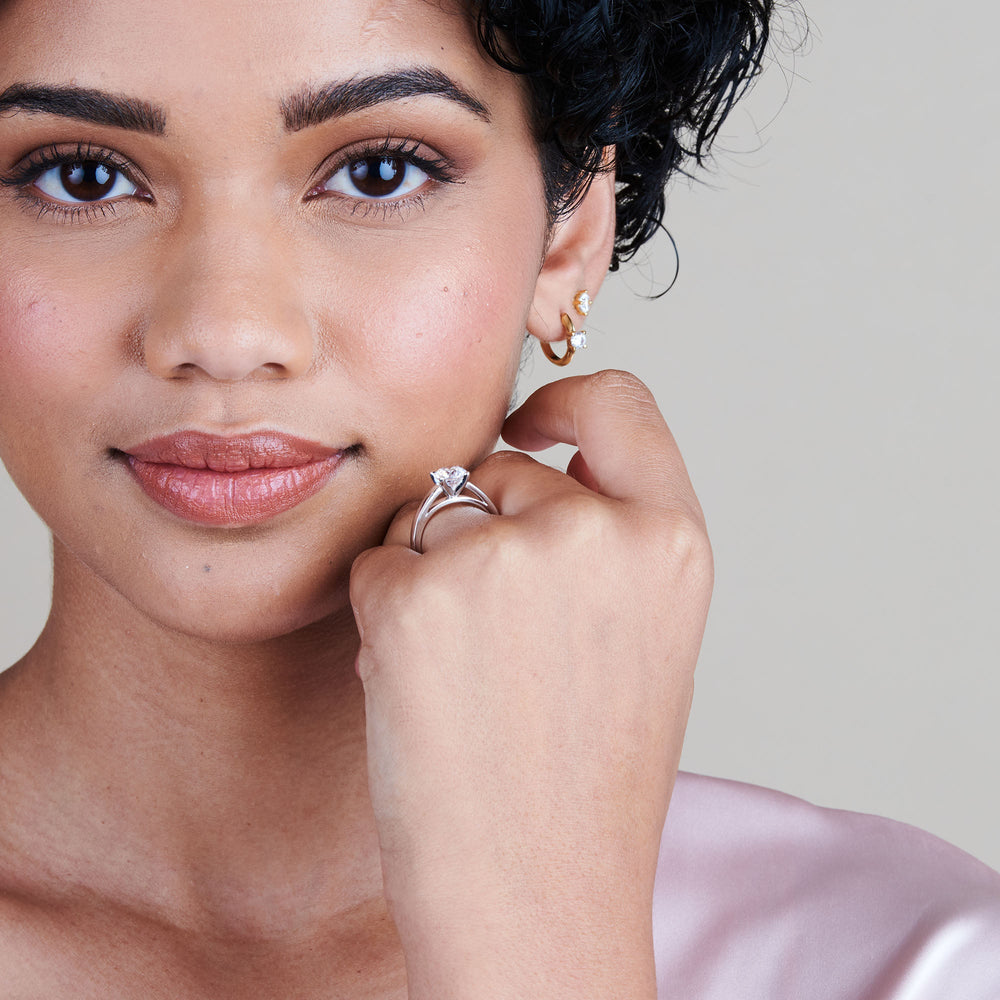 Model Wearing Classic Cathedral Solitaire Engagement Ring with Lab Grown Diamond view