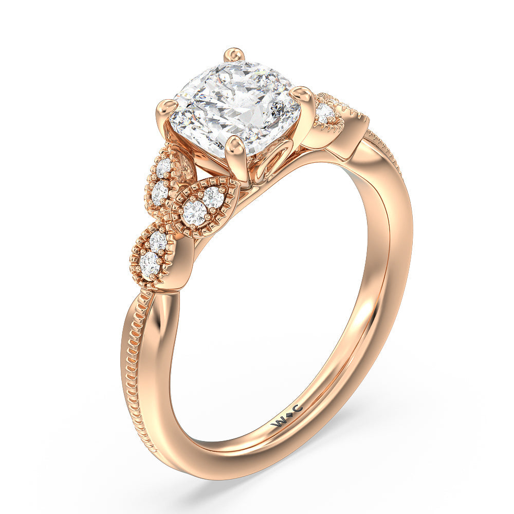 Cushion Cut Vintage Filigree Leaf Engagement Ring with Lab Grown Diamond in 14KT Rose Gold view 3
