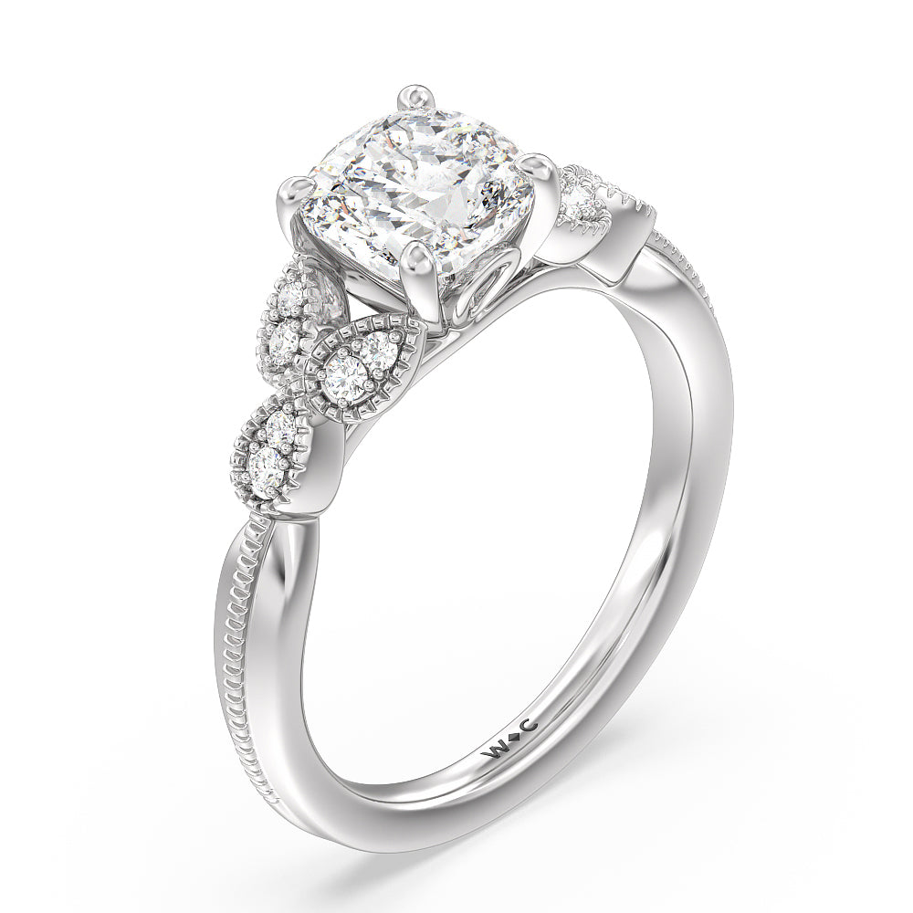Cushion Cut Vintage Filigree Leaf Engagement Ring with Lab Grown Diamond in 14KT Platinum view 3
