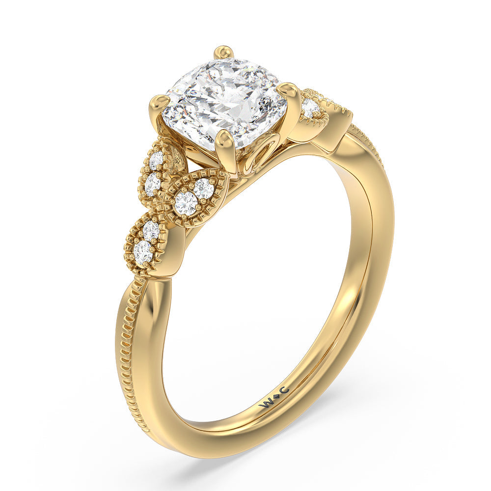 Cushion Cut Vintage Filigree Leaf Engagement Ring with Lab Grown Diamond in 14KT Yellow Gold view 3
