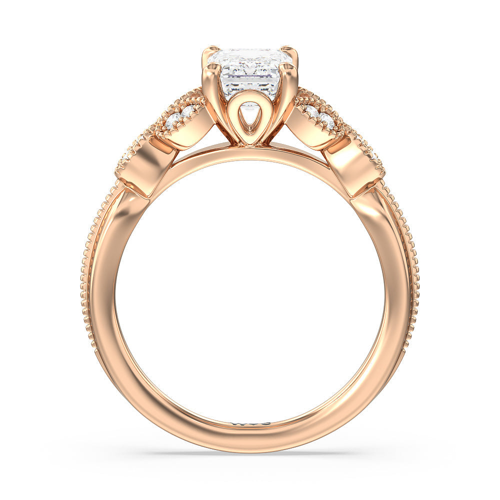 Emerald Cut Vintage Filigree Leaf Engagement Ring with Lab Grown Diamond in 14KT Rose Gold view 2
