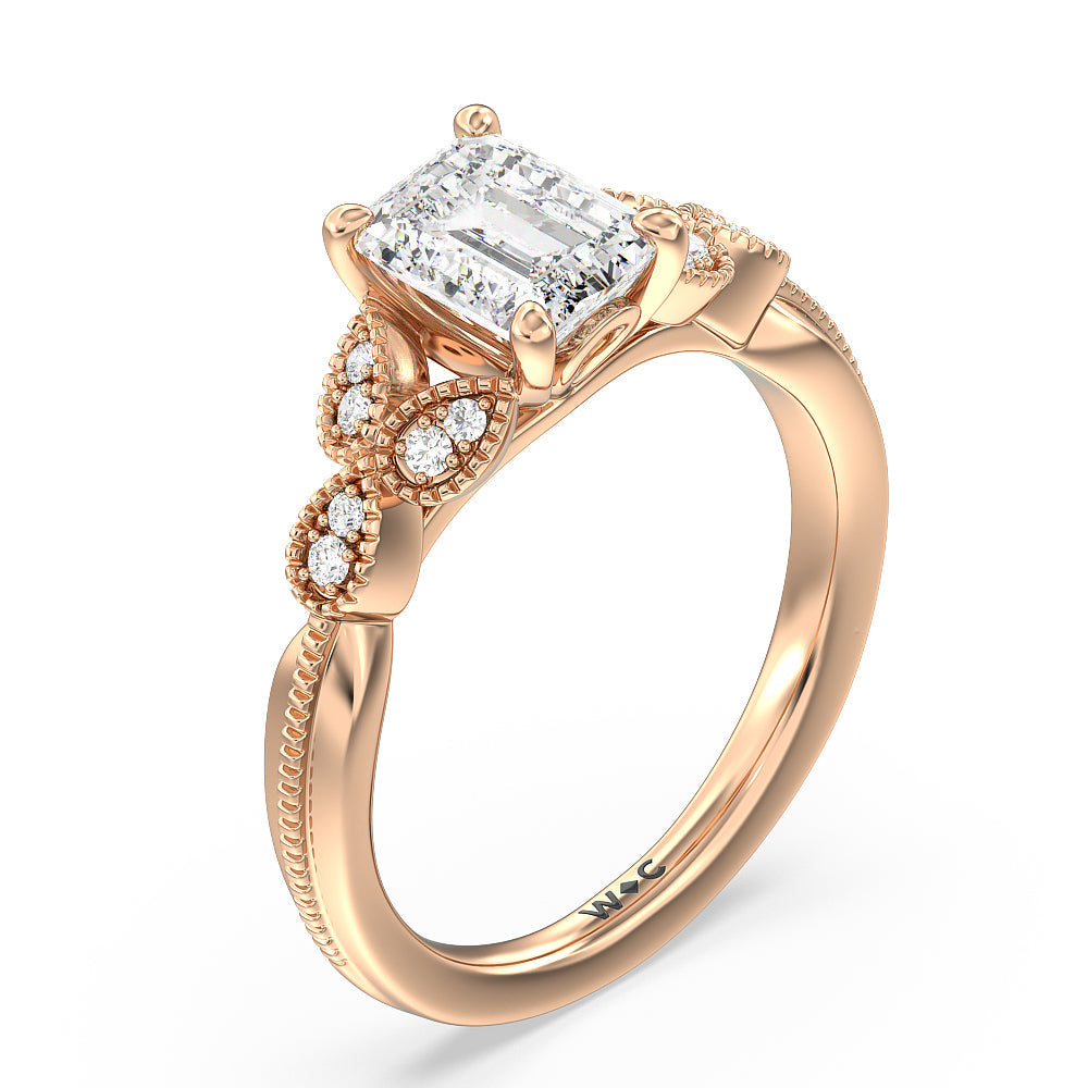 Emerald Cut Vintage Filigree Leaf Engagement Ring with Lab Grown Diamond in 14KT Rose Gold view 3
