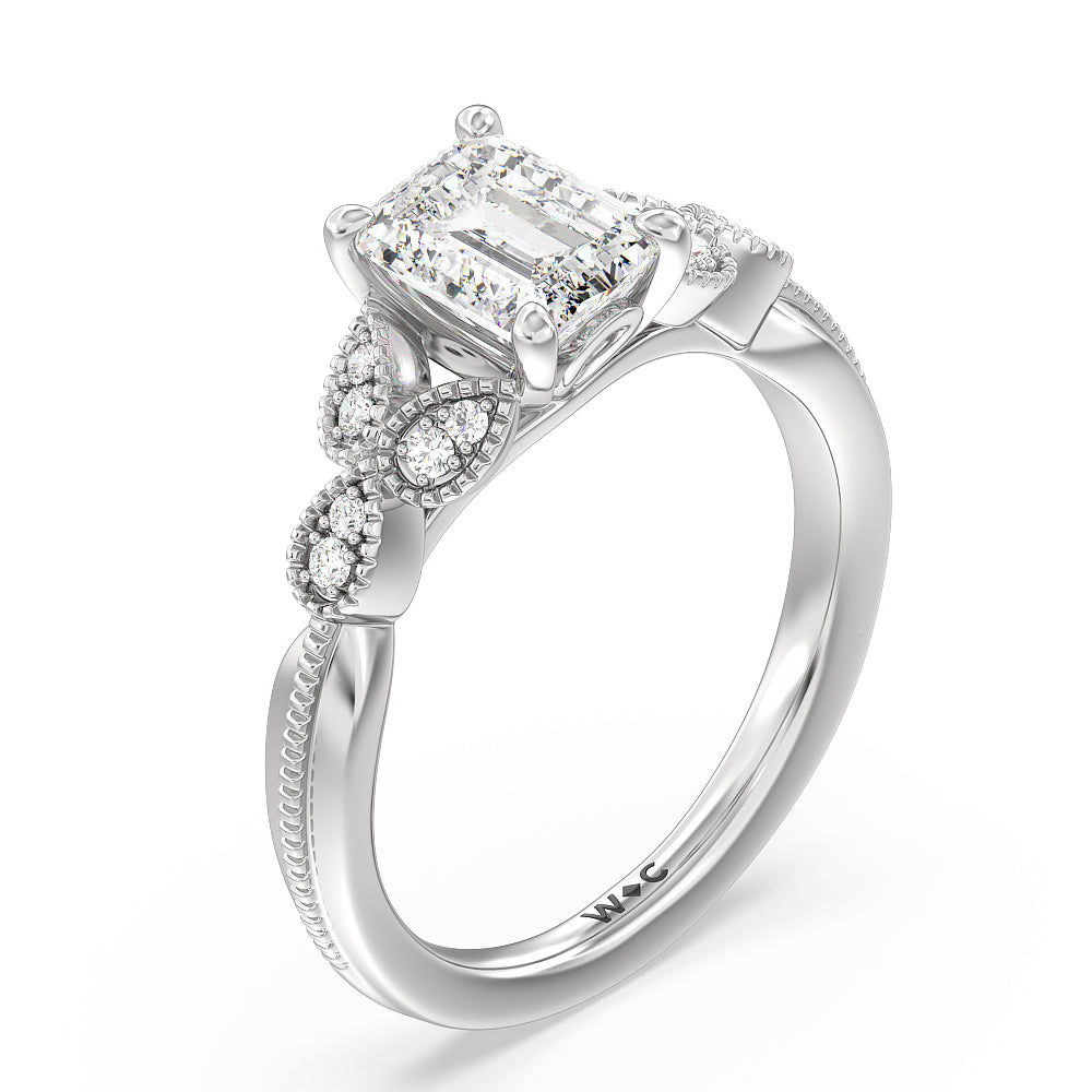 Emerald Cut Vintage Filigree Leaf Engagement Ring with Lab Grown Diamond in 14KT Platinum view 3
