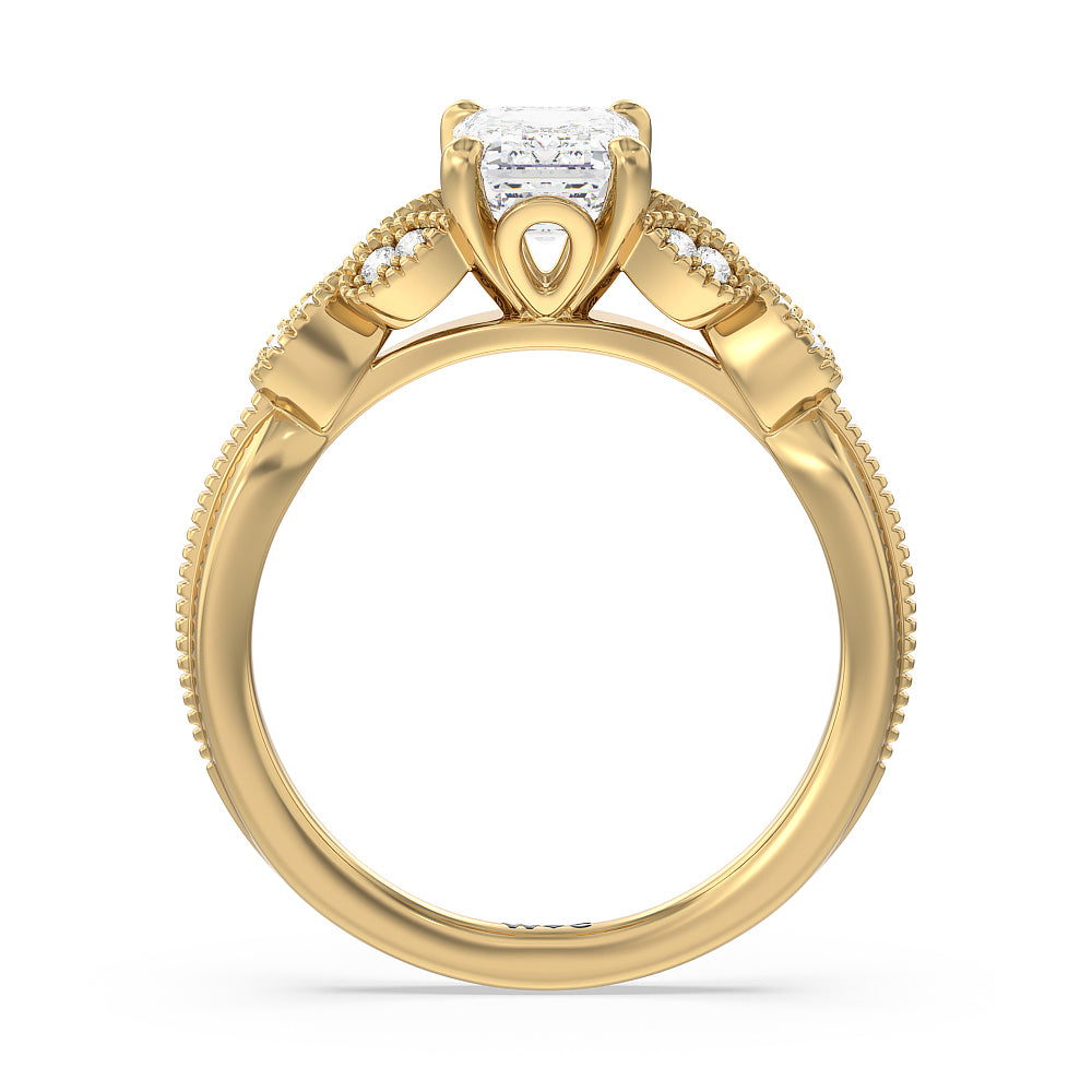 Emerald Cut Vintage Filigree Leaf Engagement Ring with Lab Grown Diamond in 14KT Yellow Gold view 2
