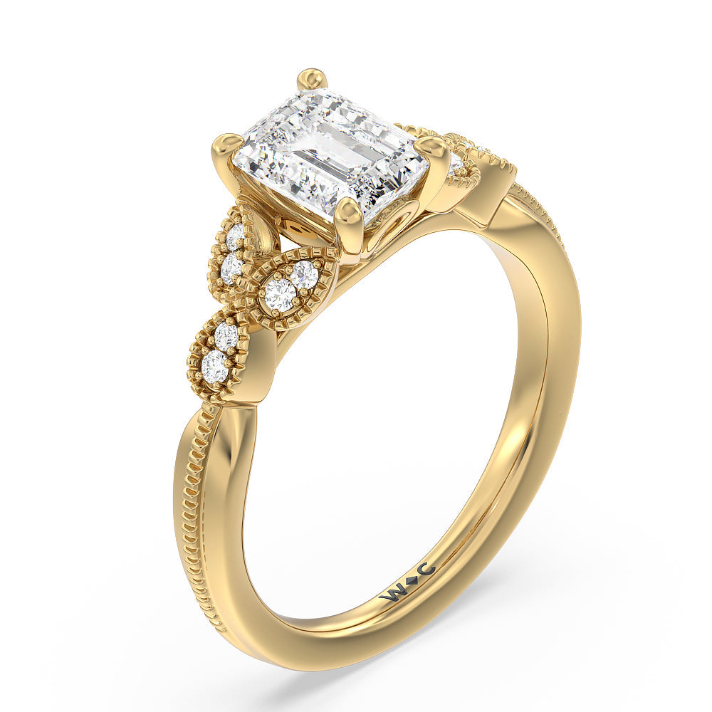Emerald Cut Vintage Filigree Leaf Engagement Ring with Lab Grown Diamond in 14KT Yellow Gold view 3
