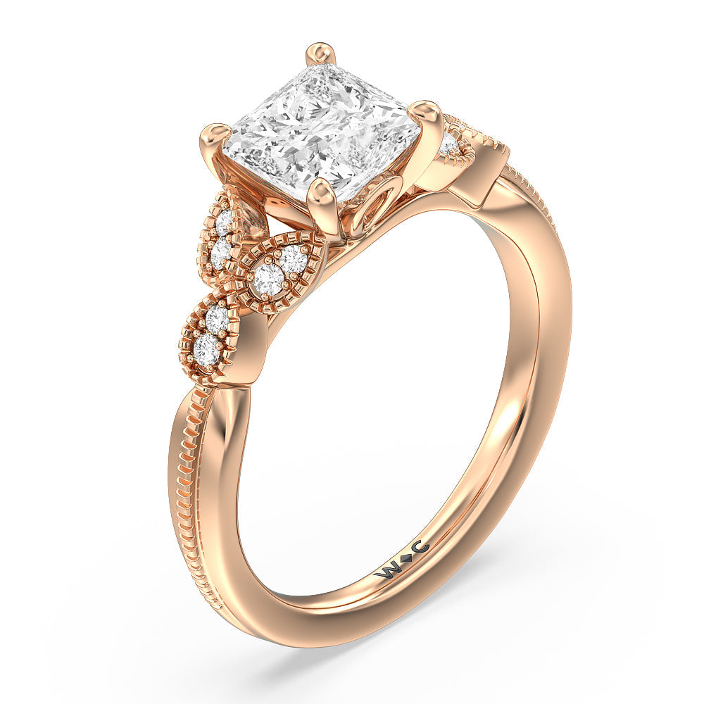 Princess Cut Vintage Filigree Leaf Engagement Ring with Lab Grown Diamond in 14KT Rose Gold view 3
