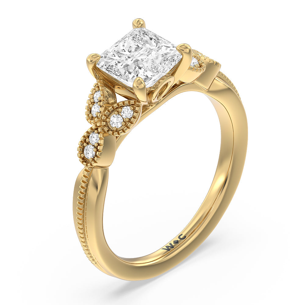 Princess Cut Vintage Filigree Leaf Engagement Ring with Lab Grown Diamond in 14KT Yellow Gold view 3
