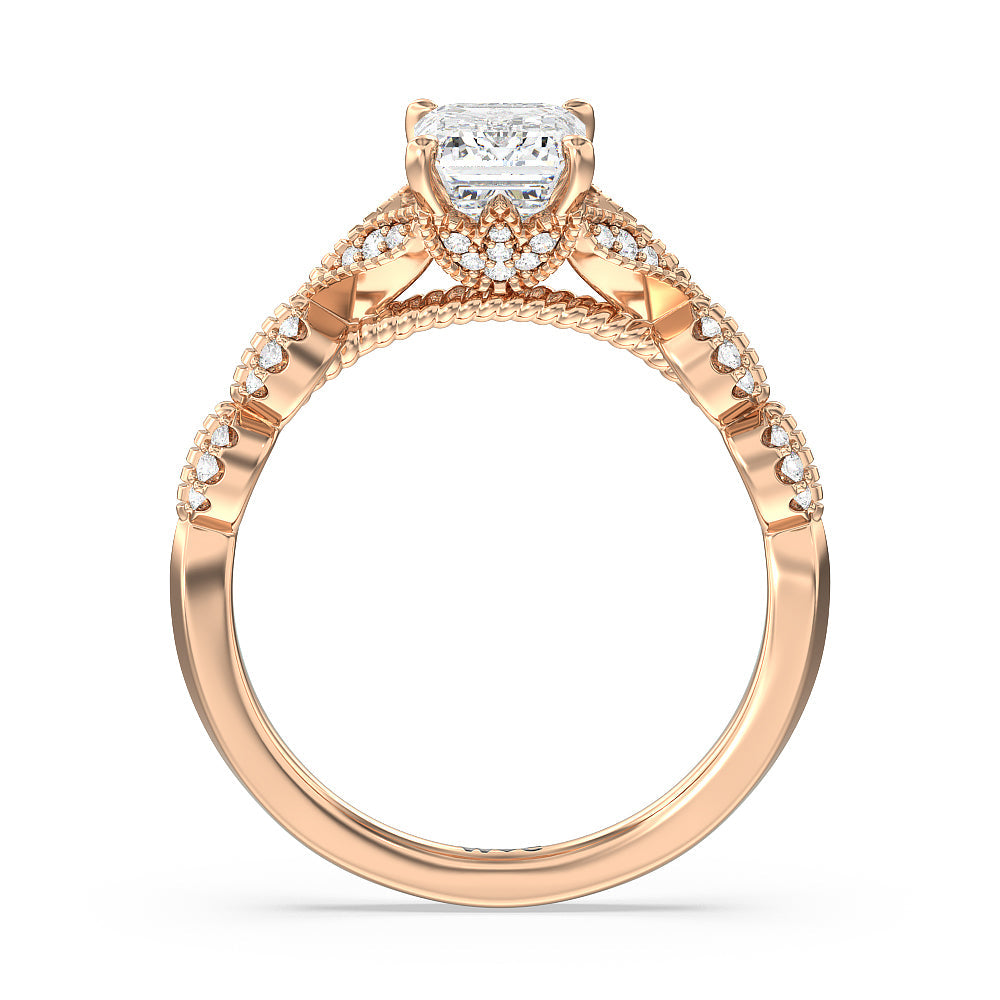 Vintage Filigree Petal Engagement Ring with Emerald Cut Diamond in 14KT Rose Gold view 2

