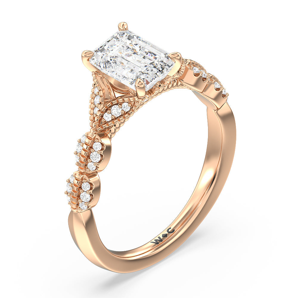 Vintage Filigree Petal Engagement Ring with Emerald Cut Diamond in 14KT Rose Gold view 3

