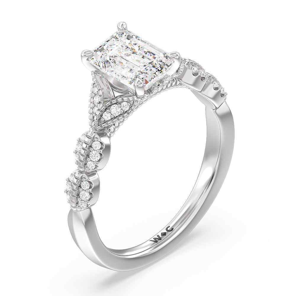 Vintage Filigree Petal Engagement Ring with Emerald Cut Diamond in 14KT Platinum view 3
