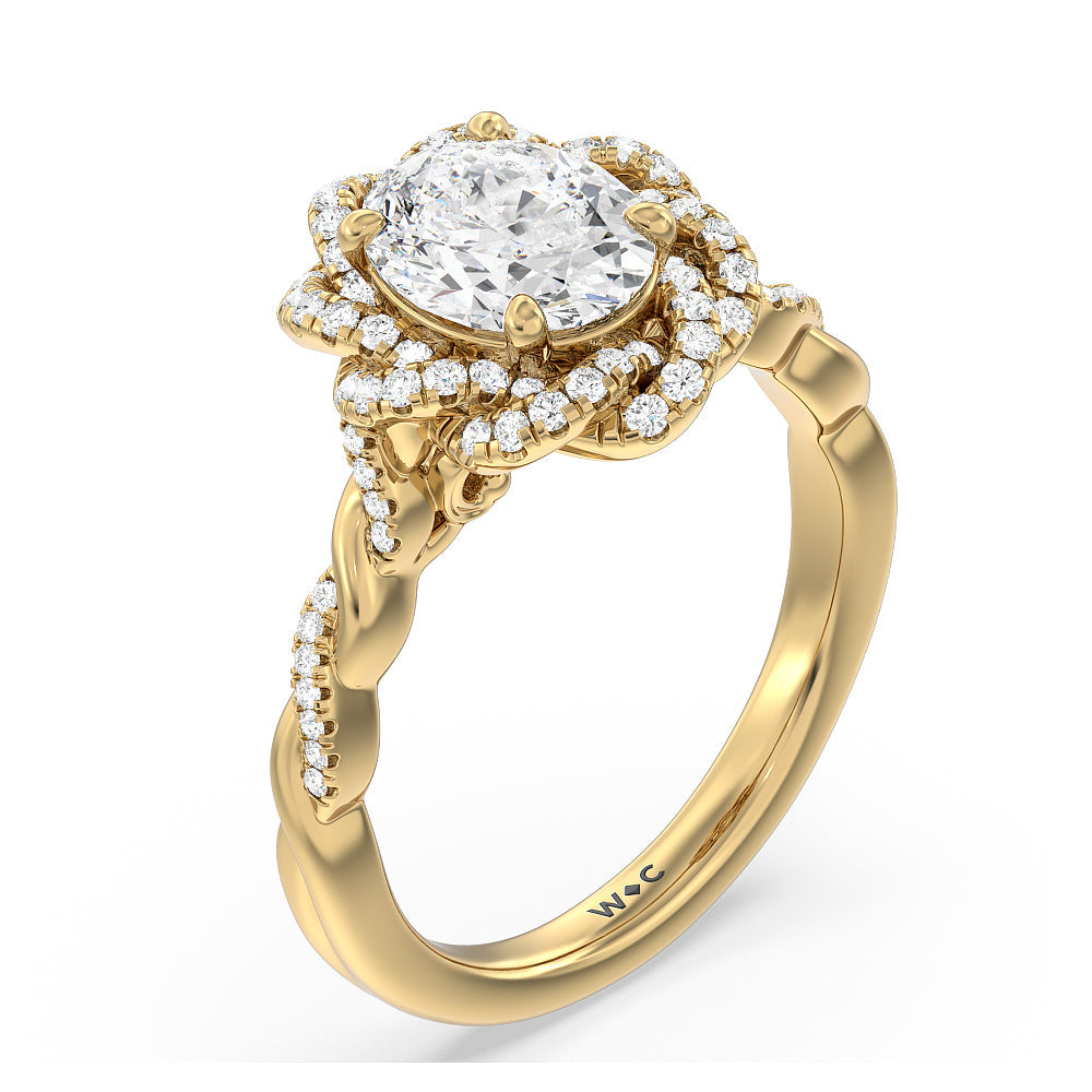 Oval Cut Vintage Floral Twisted Halo Diamond Engagement Ring with Lab Grown Diamond in 14KT Yellow Gold view 4
